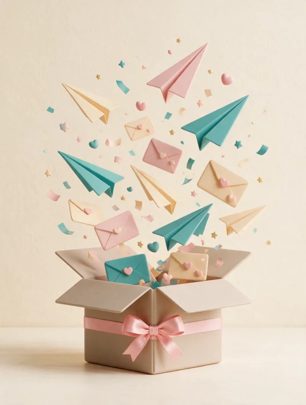 Boîte cadeau ouverte d’où s’envolent des avions en papier et des enveloppes
